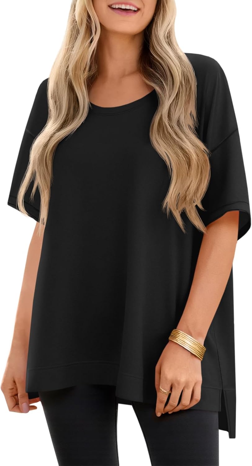 Tankaneo Womens Oversized Scoop Neck Tshirts Summer Casual Short Sleeve Tops Side Slit Loose Fit Basic Tee Shirts