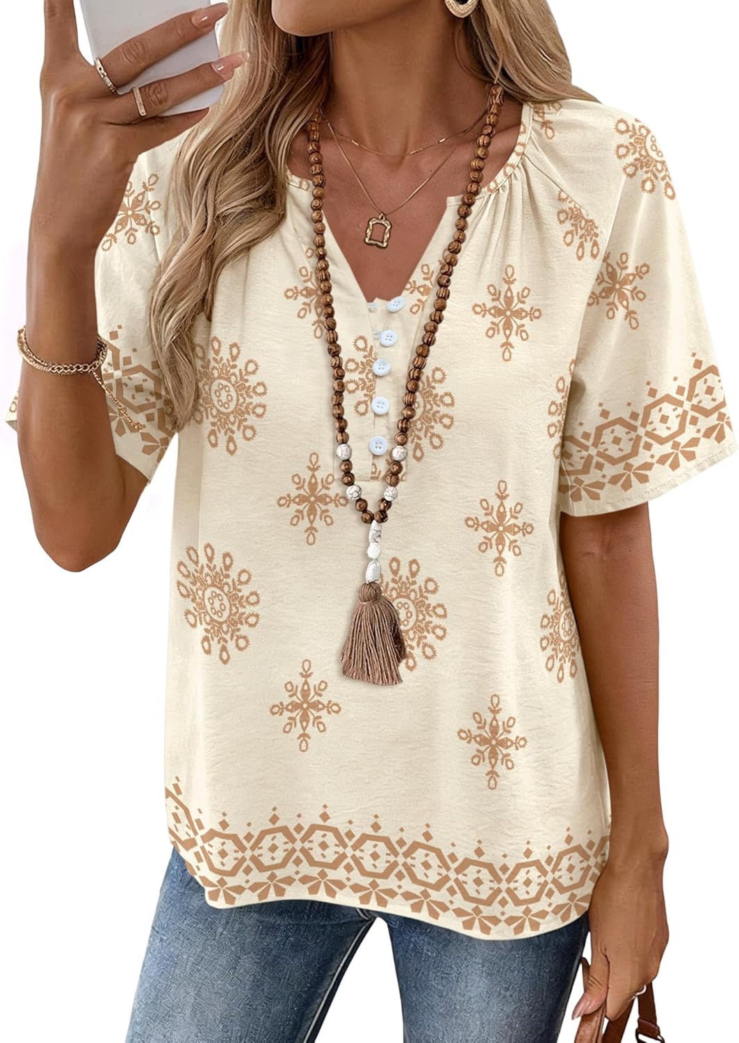 Rapbin Womens Summer Boho Tops Casual Short Sleeve Blouses Button Down Shirts 2026 Beach Vacation Clothes