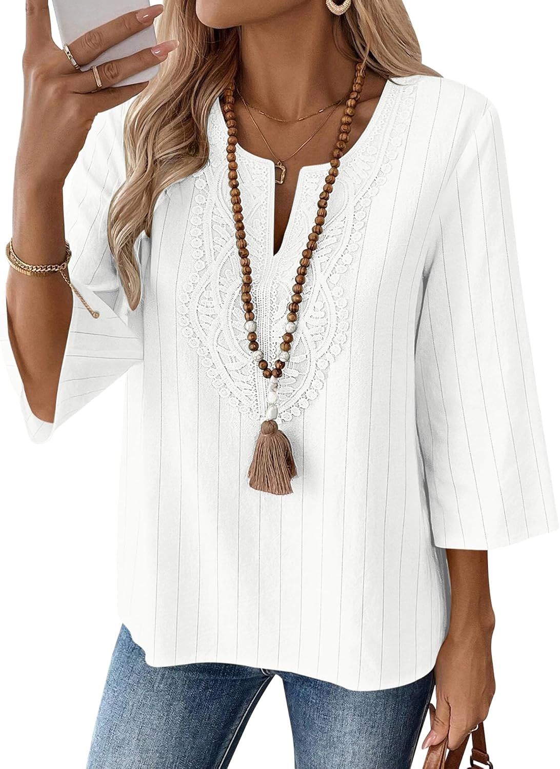 LOMON Womens 3/4 Sleeve Tops Cotton Linen Shirts V Neck Lace Casual Loose Fit Blouses Boho Fashion