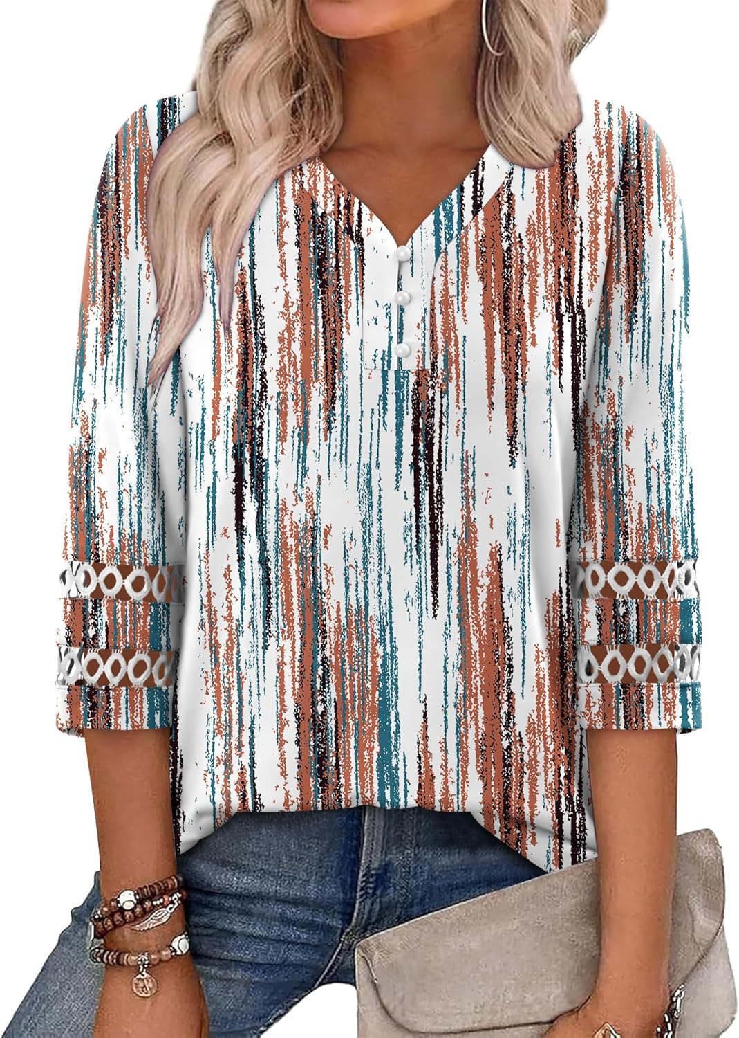 CRAZY GRID Womens 3/4 Sleeve Womens Tops V-Neck Lace Shirt Button Down Business Casual Blouses Fall Trendy Outfits 2026 S-XXL
