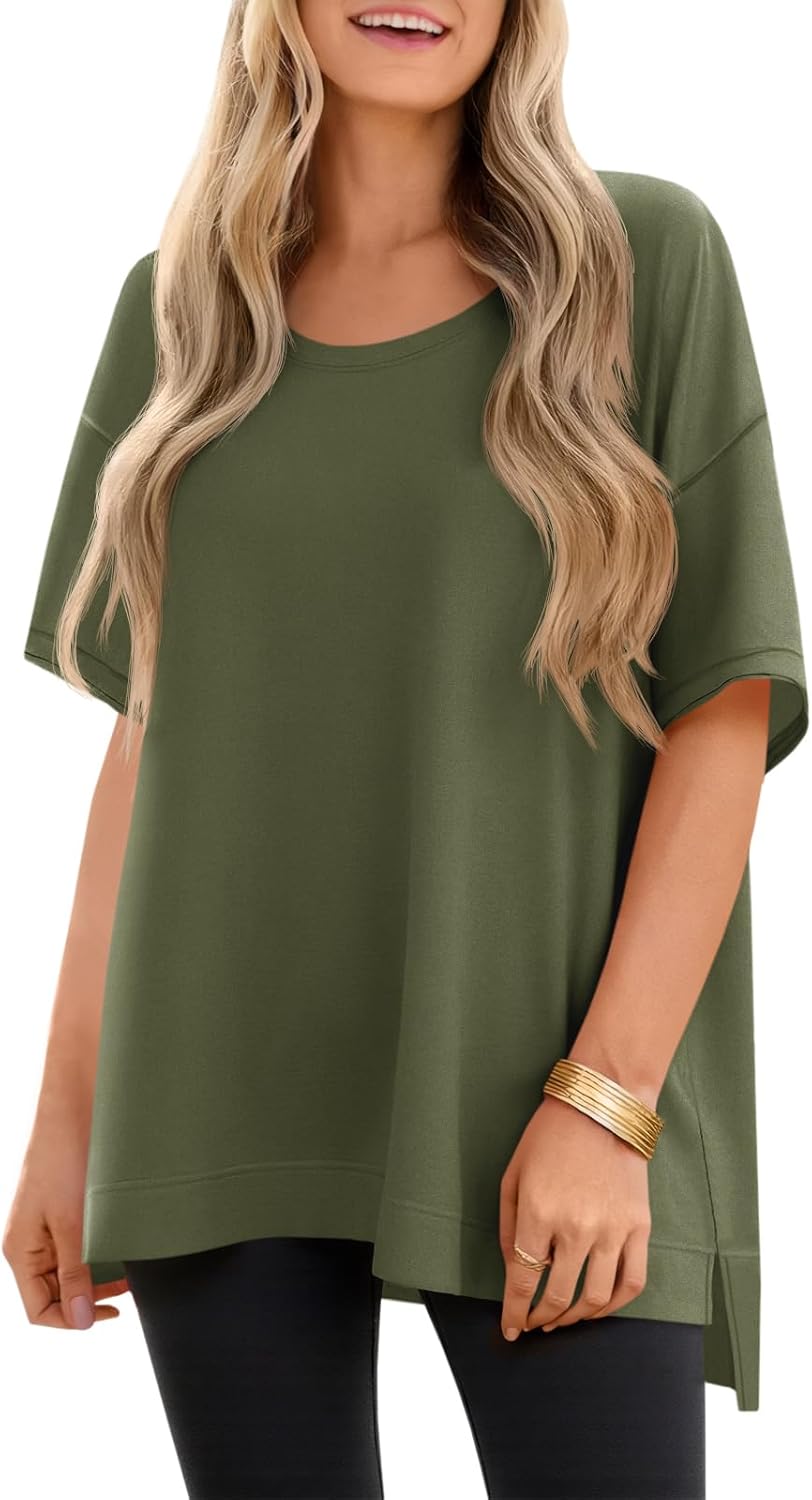 Tankaneo Womens Oversized Scoop Neck Tshirts Summer Casual Short Sleeve Tops Side Slit Loose Fit Basic Tee Shirts