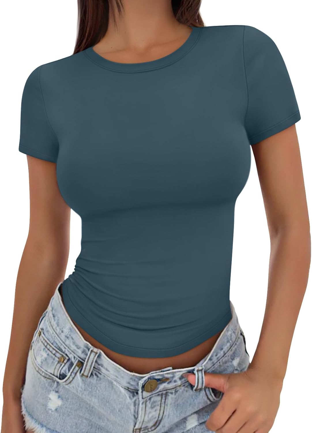 Trendy Queen Womens Stretchy Soft Opaque Basic T Shirts - Slim Fit Short Sleeve Y2k Cute Summer Crop Workout Tops