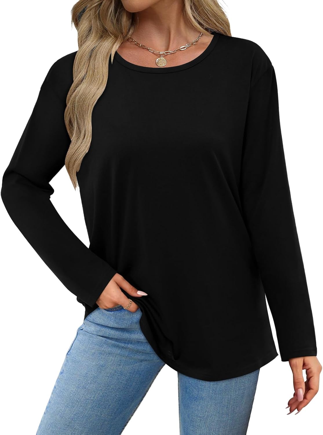Elesomo Women's Tops Fall Crew Neck Long Sleeve Tshirts Shirts Casual 2025 Fashion Clothes Outfits