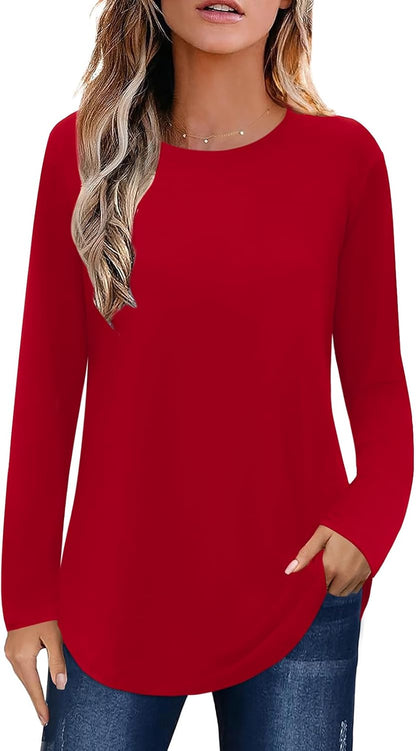 Elesomo Womens Shirts Casual Crew Neck Short/Long Sleeve Tunic Tops Tees