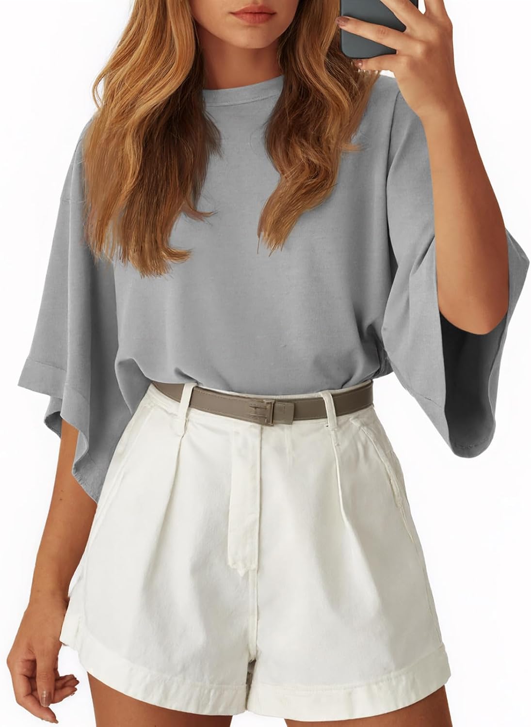 Tankaneo Womens Oversized Batwing Short Sleeve T Shirts Summer Casual Round Neck Tunic Tops Loose Fit Basic Tees