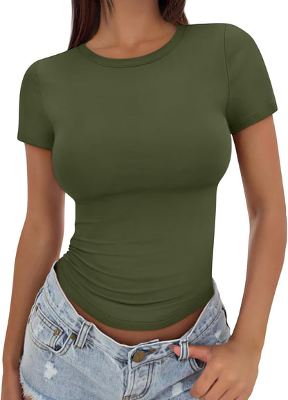 Trendy Queen Womens Stretchy Soft Opaque Basic T Shirts - Slim Fit Short Sleeve Y2k Cute Summer Crop Workout Tops
