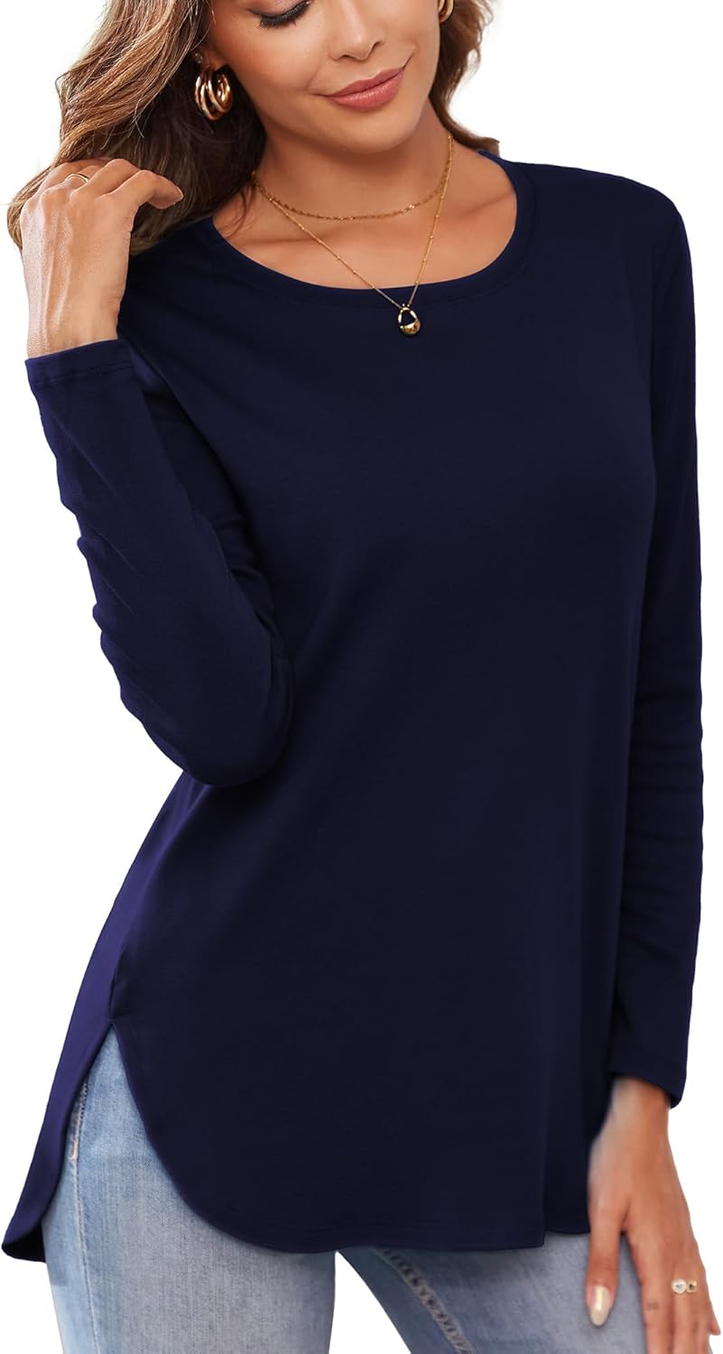 Herou Women's Casual Long/Short Sleeve T Shirt Crewneck with Side Split Fall Pullover Loose Tunic Sweater Tops