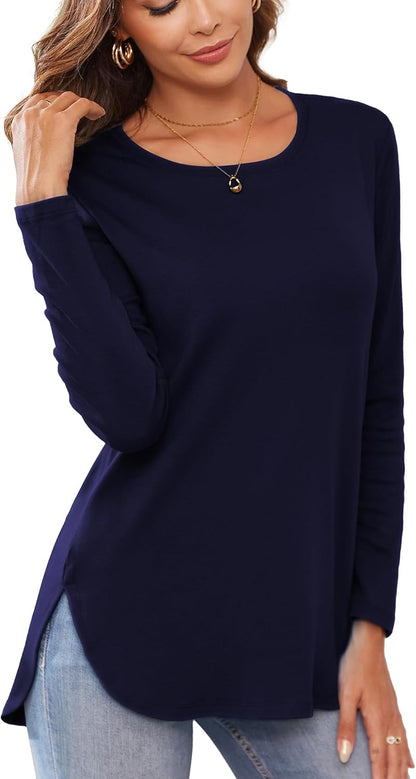 Herou Women's Casual Long/Short Sleeve T Shirt Crewneck with Side Split Fall Pullover Loose Tunic Sweater Tops