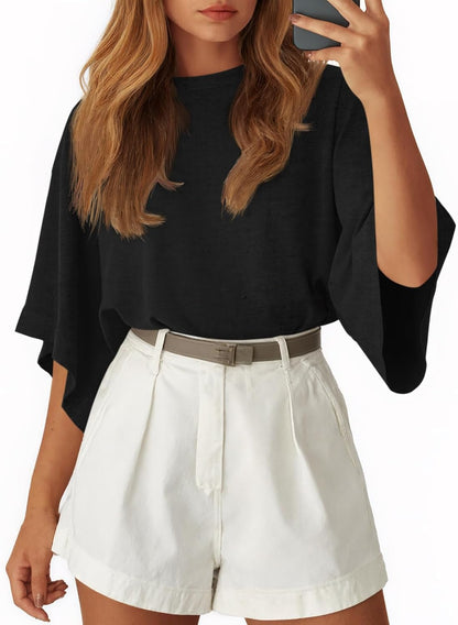 Tankaneo Womens Oversized Batwing Short Sleeve T Shirts Summer Casual Round Neck Tunic Tops Loose Fit Basic Tees