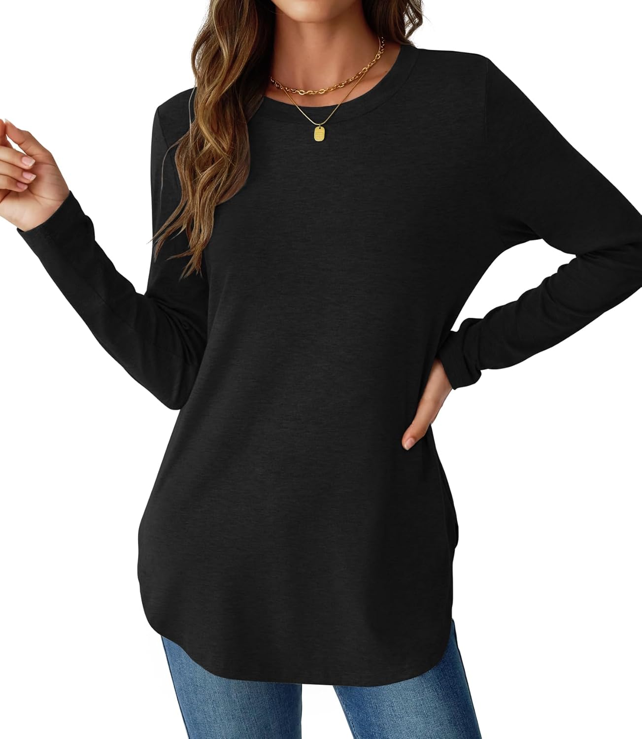 NORACORA Women Long Sleeve Shirts Loose Tunic Crew Neck Lightweight Side Split Casual 2026 Spring Trendy Basic Tshirts Blouse