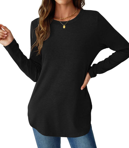 NORACORA Women Long Sleeve Shirts Loose Tunic Crew Neck Lightweight Side Split Casual 2026 Spring Trendy Basic Tshirts Blouse