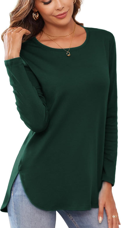 Herou Women's Casual Long/Short Sleeve T Shirt Crewneck with Side Split Fall Pullover Loose Tunic Sweater Tops