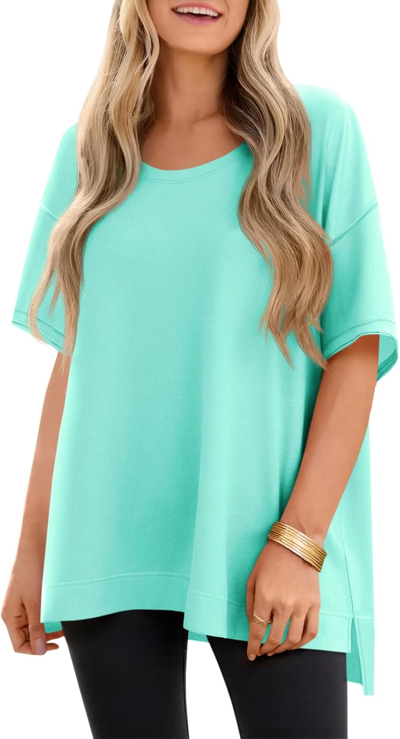 Tankaneo Womens Oversized Scoop Neck Tshirts Summer Casual Short Sleeve Tops Side Slit Loose Fit Basic Tee Shirts