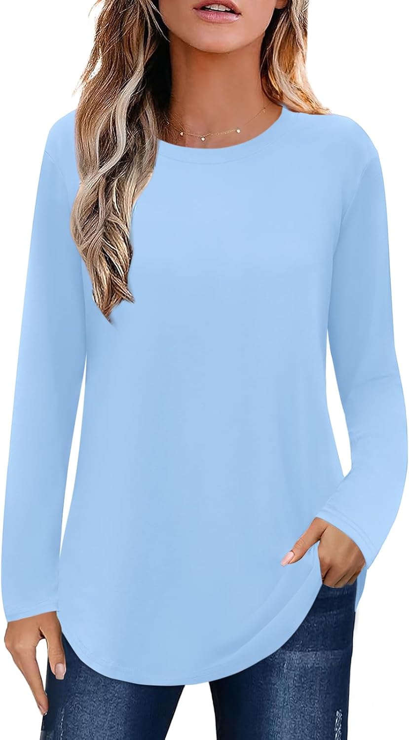 Elesomo Womens Shirts Casual Crew Neck Short/Long Sleeve Tunic Tops Tees