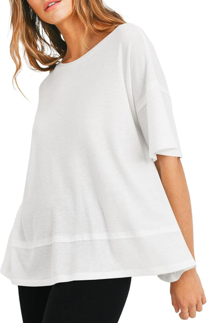 Tankaneo Womens Oversized Knit Tunic Tops Summer Casual Short Sleeve Round Neck T Shirt Loose Fit Side Split Waffle Tees