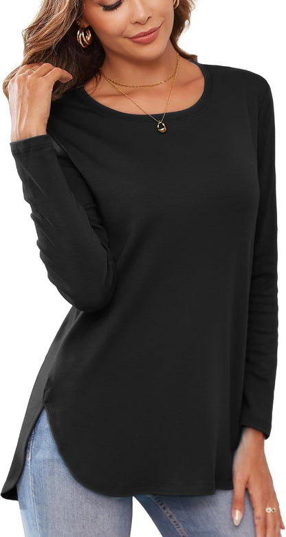 Herou Women's Casual Long/Short Sleeve T Shirt Crewneck with Side Split Fall Pullover Loose Tunic Sweater Tops