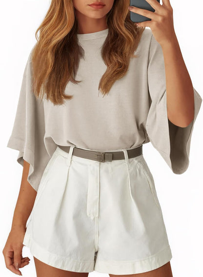 Tankaneo Womens Oversized Batwing Short Sleeve T Shirts Summer Casual Round Neck Tunic Tops Loose Fit Basic Tees