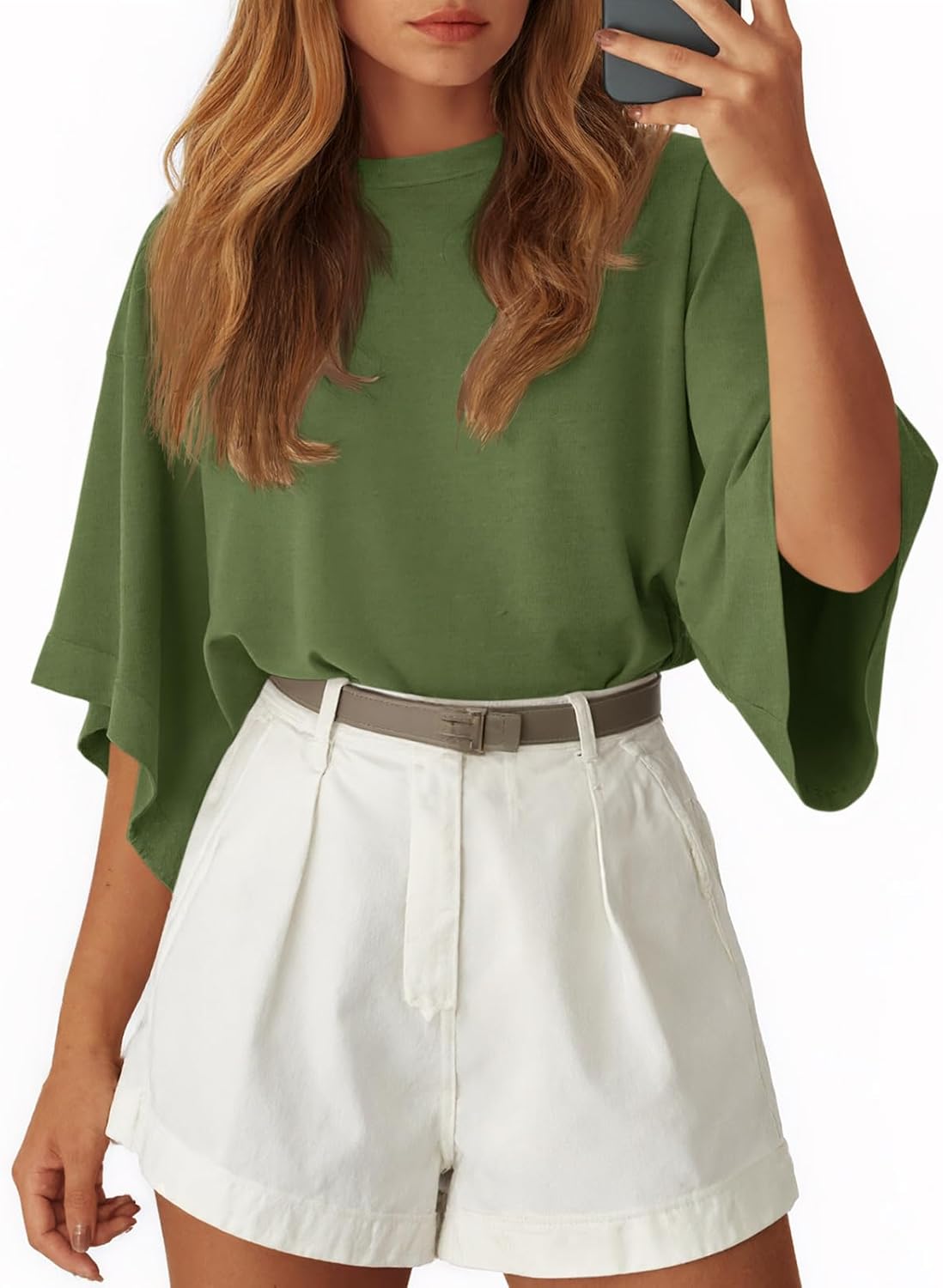 Tankaneo Womens Oversized Batwing Short Sleeve T Shirts Summer Casual Round Neck Tunic Tops Loose Fit Basic Tees