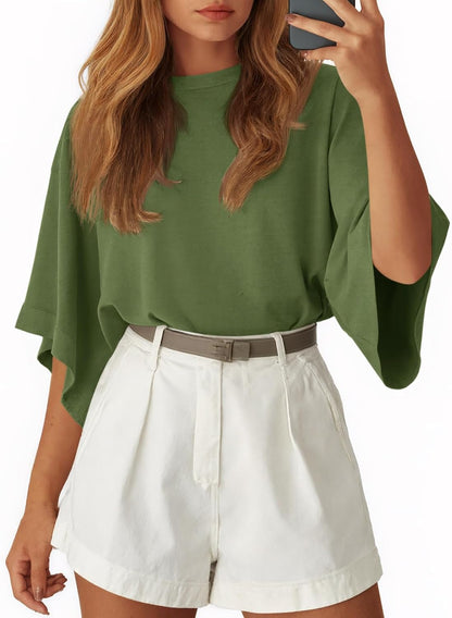 Tankaneo Womens Oversized Batwing Short Sleeve T Shirts Summer Casual Round Neck Tunic Tops Loose Fit Basic Tees