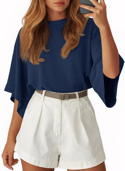 Tankaneo Womens Oversized Batwing Short Sleeve T Shirts Summer Casual Round Neck Tunic Tops Loose Fit Basic Tees
