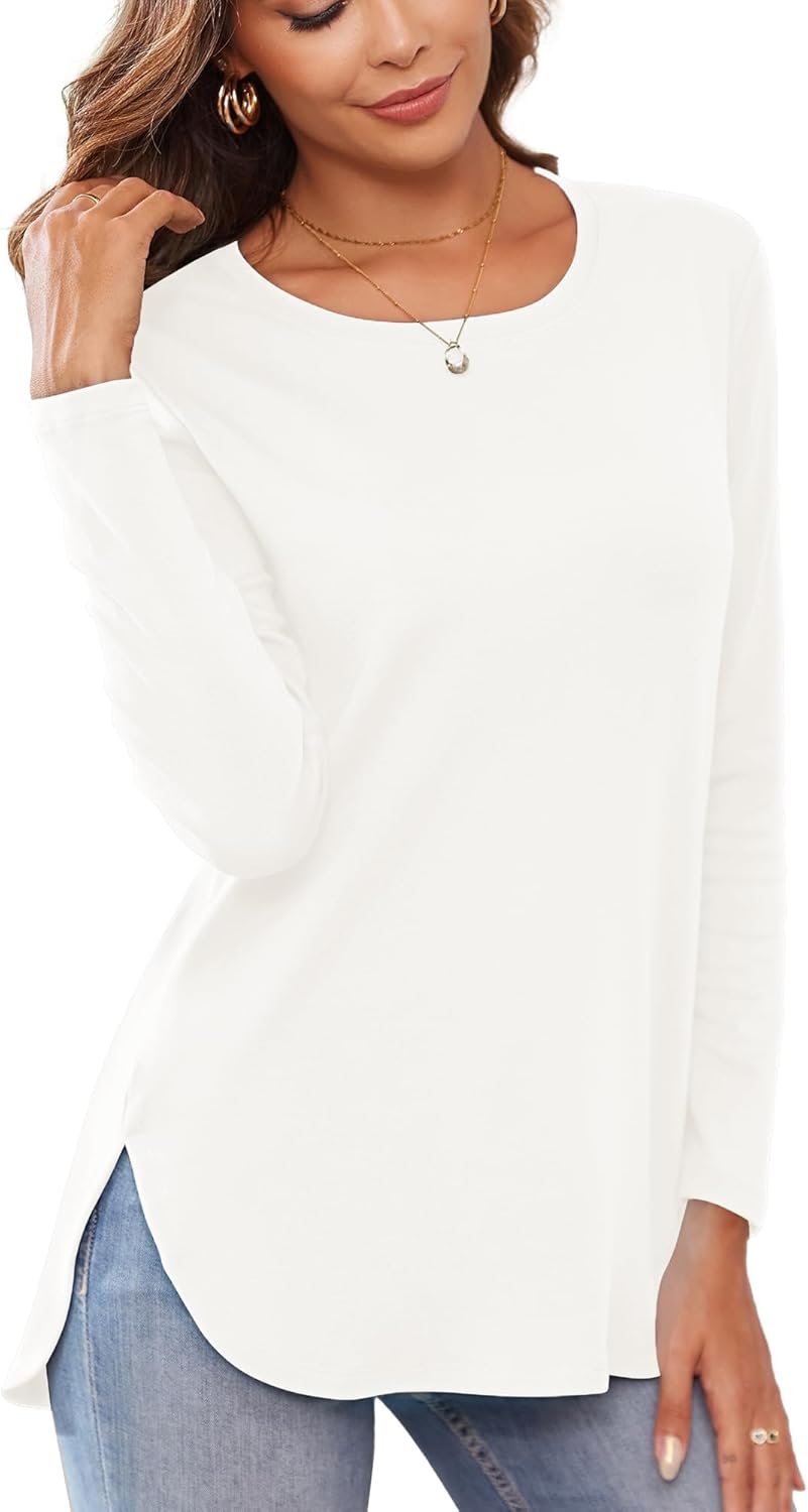 Herou Women's Casual Long/Short Sleeve T Shirt Crewneck with Side Split Fall Pullover Loose Tunic Sweater Tops