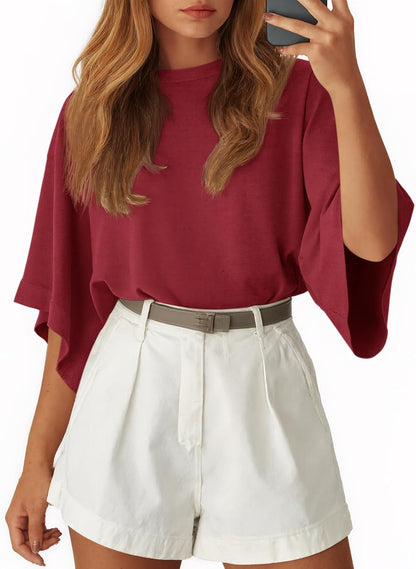 Tankaneo Womens Oversized Batwing Short Sleeve T Shirts Summer Casual Round Neck Tunic Tops Loose Fit Basic Tees