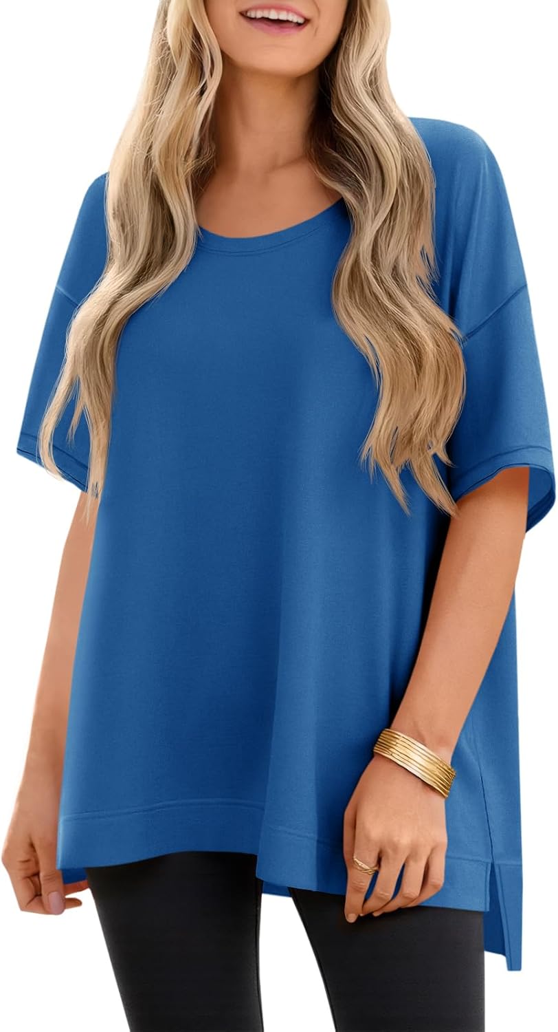 Tankaneo Womens Oversized Scoop Neck Tshirts Summer Casual Short Sleeve Tops Side Slit Loose Fit Basic Tee Shirts