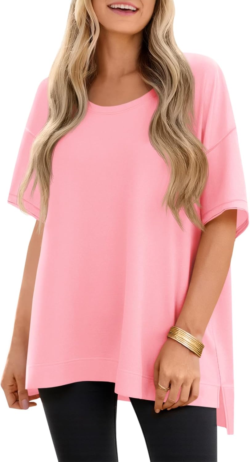 Tankaneo Womens Oversized Scoop Neck Tshirts Summer Casual Short Sleeve Tops Side Slit Loose Fit Basic Tee Shirts