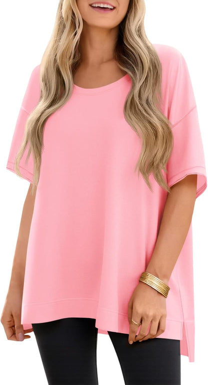 Tankaneo Womens Oversized Scoop Neck Tshirts Summer Casual Short Sleeve Tops Side Slit Loose Fit Basic Tee Shirts