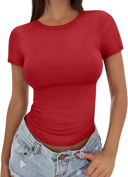 Trendy Queen Womens Stretchy Soft Opaque Basic T Shirts - Slim Fit Short Sleeve Y2k Cute Summer Crop Workout Tops