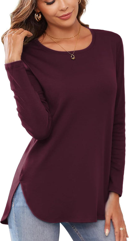 Herou Women's Casual Long/Short Sleeve T Shirt Crewneck with Side Split Fall Pullover Loose Tunic Sweater Tops