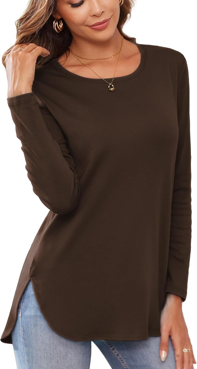 Herou Women's Casual Long/Short Sleeve T Shirt Crewneck with Side Split Fall Pullover Loose Tunic Sweater Tops