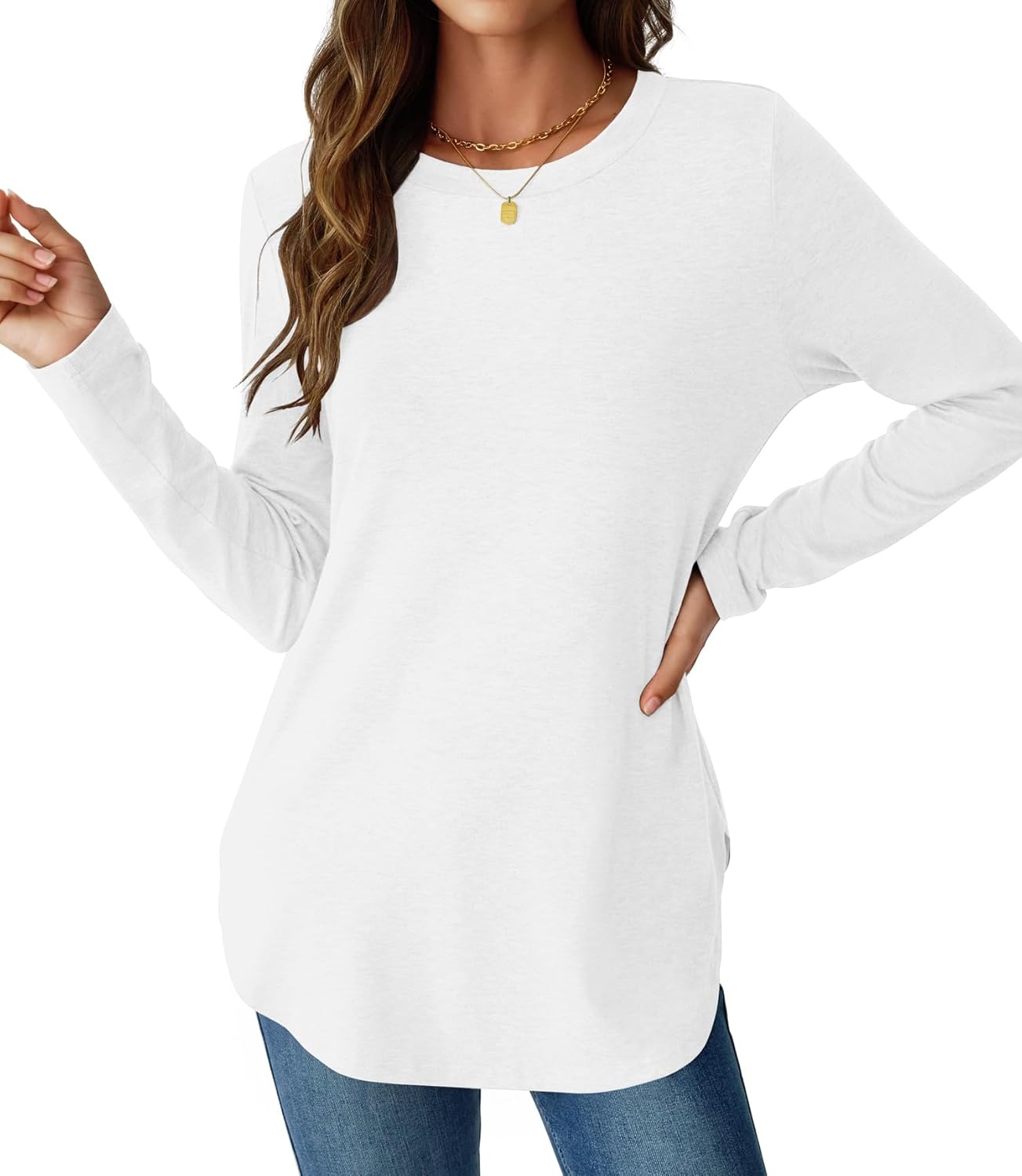 NORACORA Women Long Sleeve Shirts Loose Tunic Crew Neck Lightweight Side Split Casual 2026 Spring Trendy Basic Tshirts Blouse
