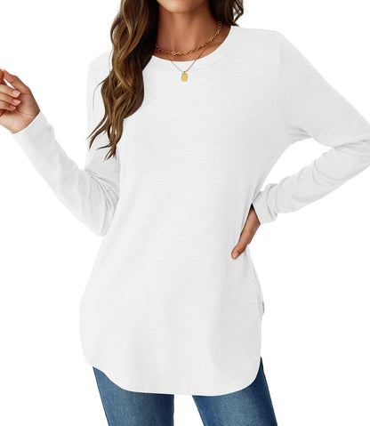 NORACORA Women Long Sleeve Shirts Loose Tunic Crew Neck Lightweight Side Split Casual 2026 Spring Trendy Basic Tshirts Blouse