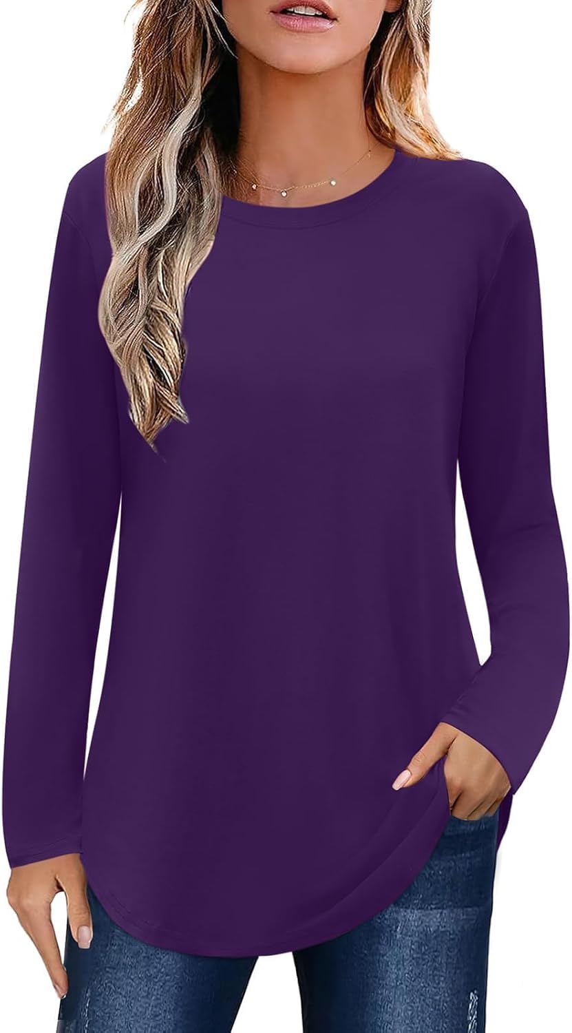 Elesomo Womens Shirts Casual Crew Neck Short/Long Sleeve Tunic Tops Tees