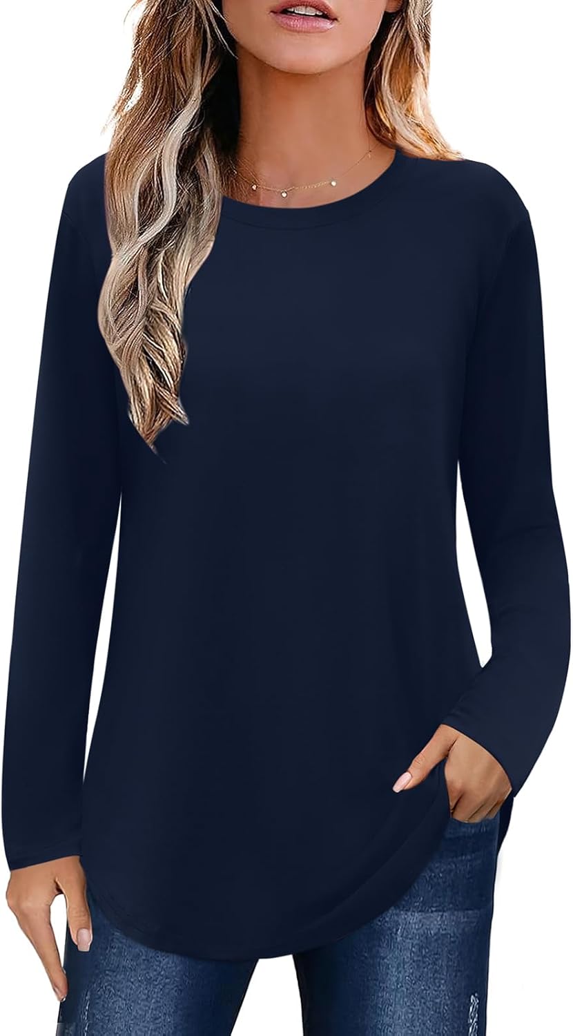 Elesomo Womens Shirts Casual Crew Neck Short/Long Sleeve Tunic Tops Tees