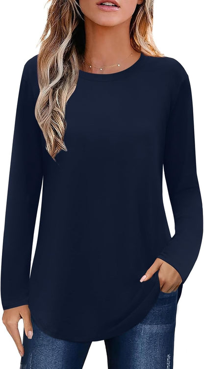 Elesomo Womens Shirts Casual Crew Neck Short/Long Sleeve Tunic Tops Tees