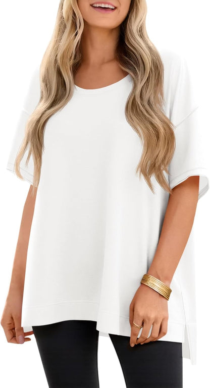 Tankaneo Womens Oversized Scoop Neck Tshirts Summer Casual Short Sleeve Tops Side Slit Loose Fit Basic Tee Shirts