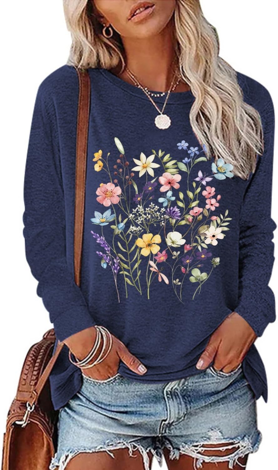 Women's Vintage Floral T Shirt Boho Wildflower Graphic Loose Tees Fall Long Sleeve Blouse Shirts Casual Tunic Tops