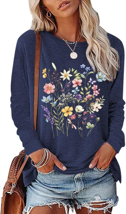 Women's Vintage Floral T Shirt Boho Wildflower Graphic Loose Tees Fall Long Sleeve Blouse Shirts Casual Tunic Tops