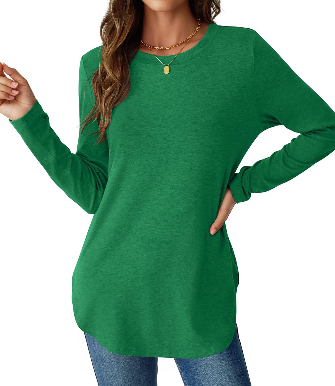NORACORA Women Long Sleeve Shirts Loose Tunic Crew Neck Lightweight Side Split Casual 2026 Spring Trendy Basic Tshirts Blouse