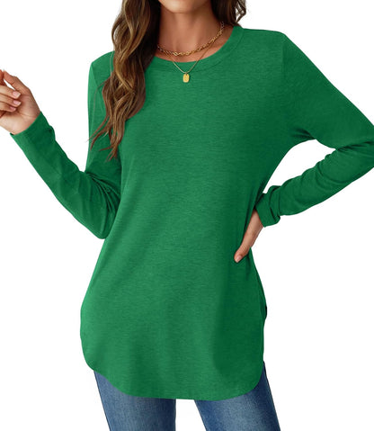 NORACORA Women Long Sleeve Shirts Loose Tunic Crew Neck Lightweight Side Split Casual 2026 Spring Trendy Basic Tshirts Blouse