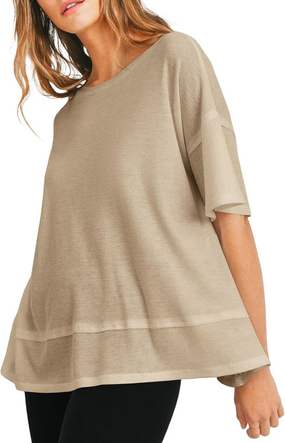 Tankaneo Womens Oversized Knit Tunic Tops Summer Casual Short Sleeve Round Neck T Shirt Loose Fit Side Split Waffle Tees