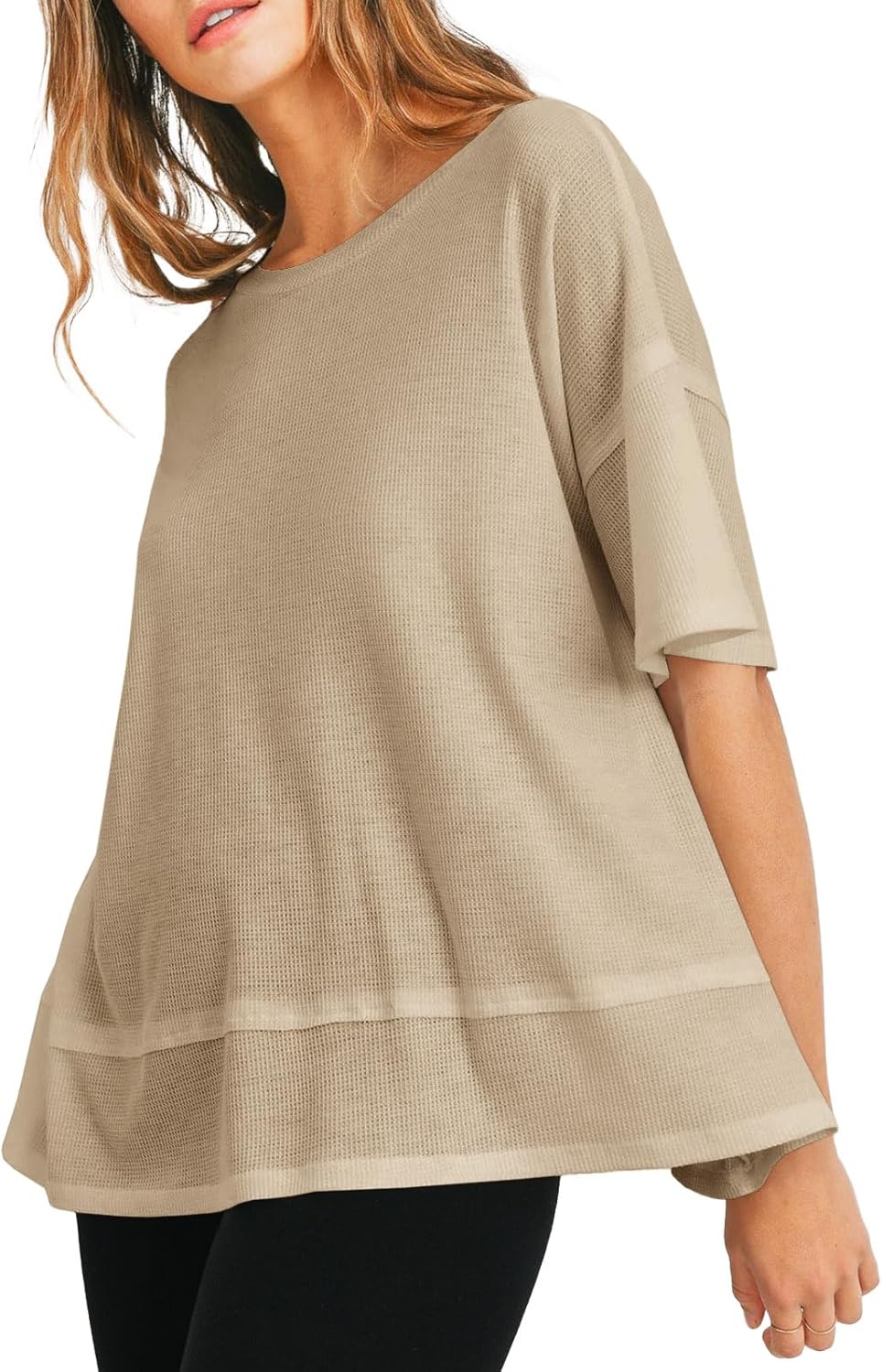 Tankaneo Womens Oversized Knit Tunic Tops Summer Casual Short Sleeve Round Neck T Shirt Loose Fit Side Split Waffle Tees
