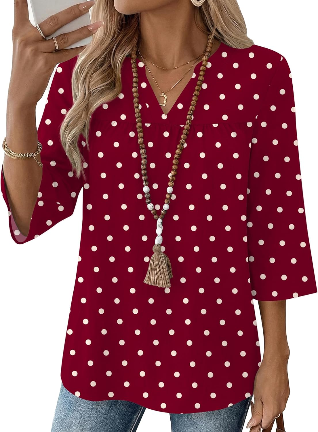 Rapbin Womens 3/4 Sleeve V Neck Boho Pleated Blouses for Women Dressy Casual Loose Fit Tops