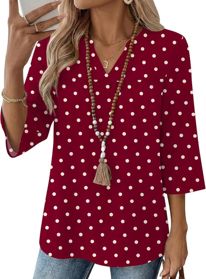 Rapbin Womens 3/4 Sleeve V Neck Boho Pleated Blouses for Women Dressy Casual Loose Fit Tops