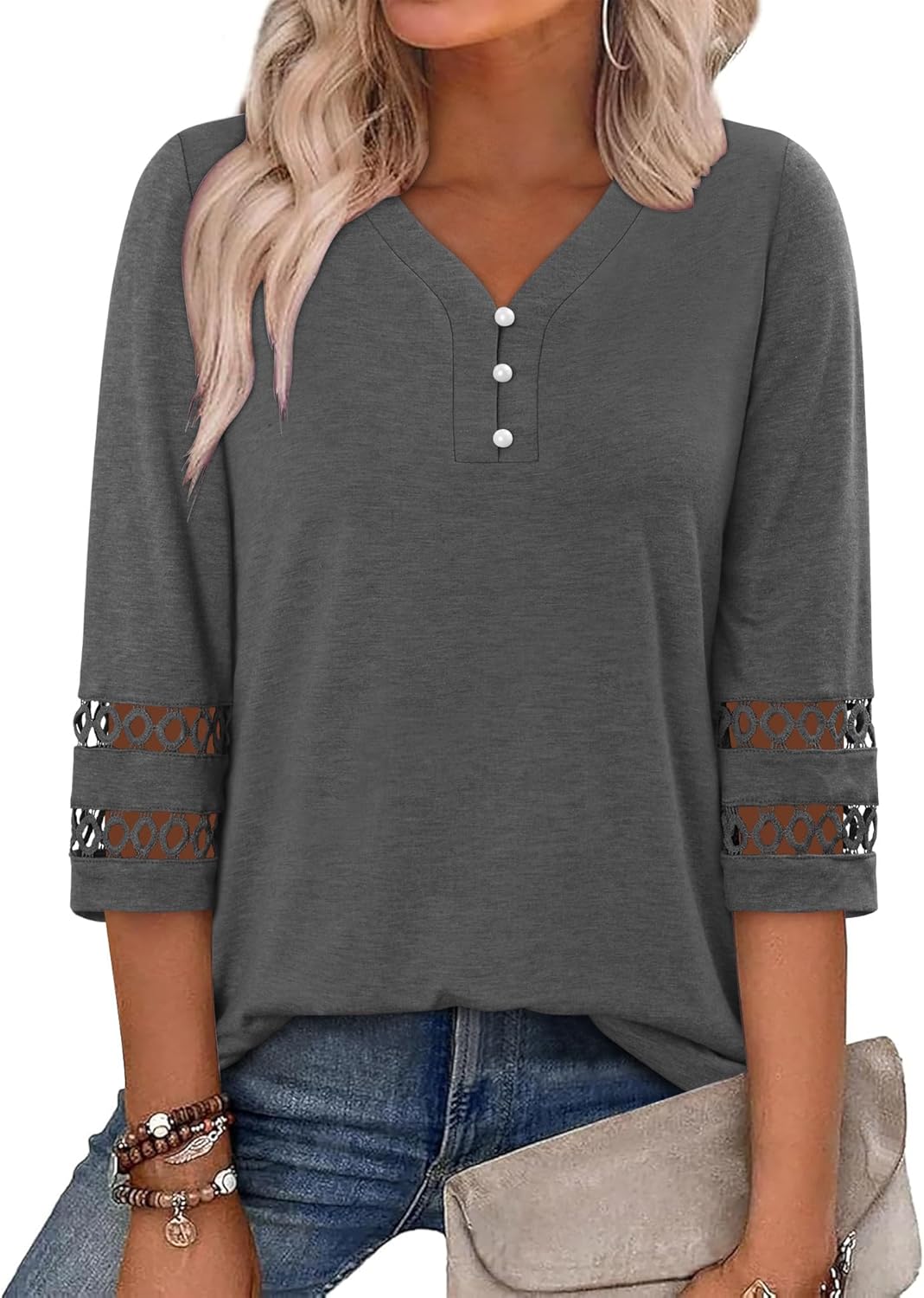 CRAZY GRID Womens 3/4 Sleeve Womens Tops V-Neck Lace Shirt Button Down Business Casual Blouses Fall Trendy Outfits 2026 S-XXL