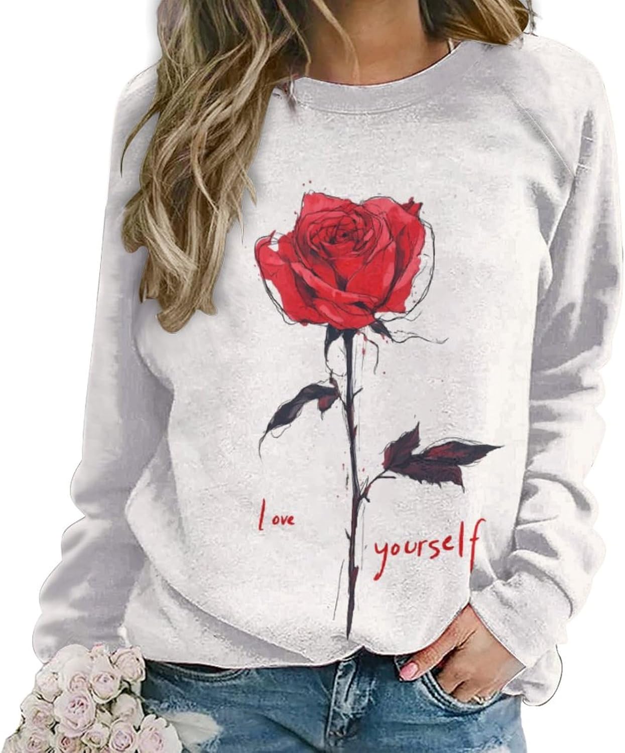 LOAIHA Valentine's Day Sweatshirt Women Flower Love Heart Graphic Shirts Long Sleeve Crewneck Sweatshirts Y2k Hoodie