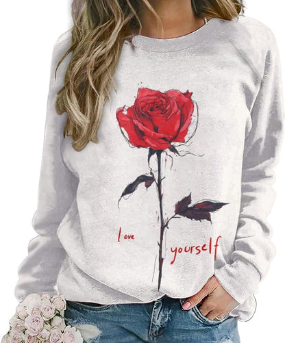 LOAIHA Valentine's Day Sweatshirt Women Flower Love Heart Graphic Shirts Long Sleeve Crewneck Sweatshirts Y2k Hoodie
