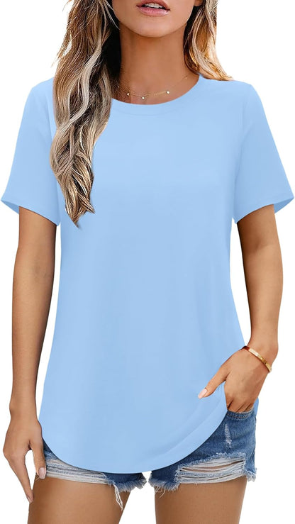 Elesomo Womens Shirts Casual Crew Neck Short/Long Sleeve Tunic Tops Tees